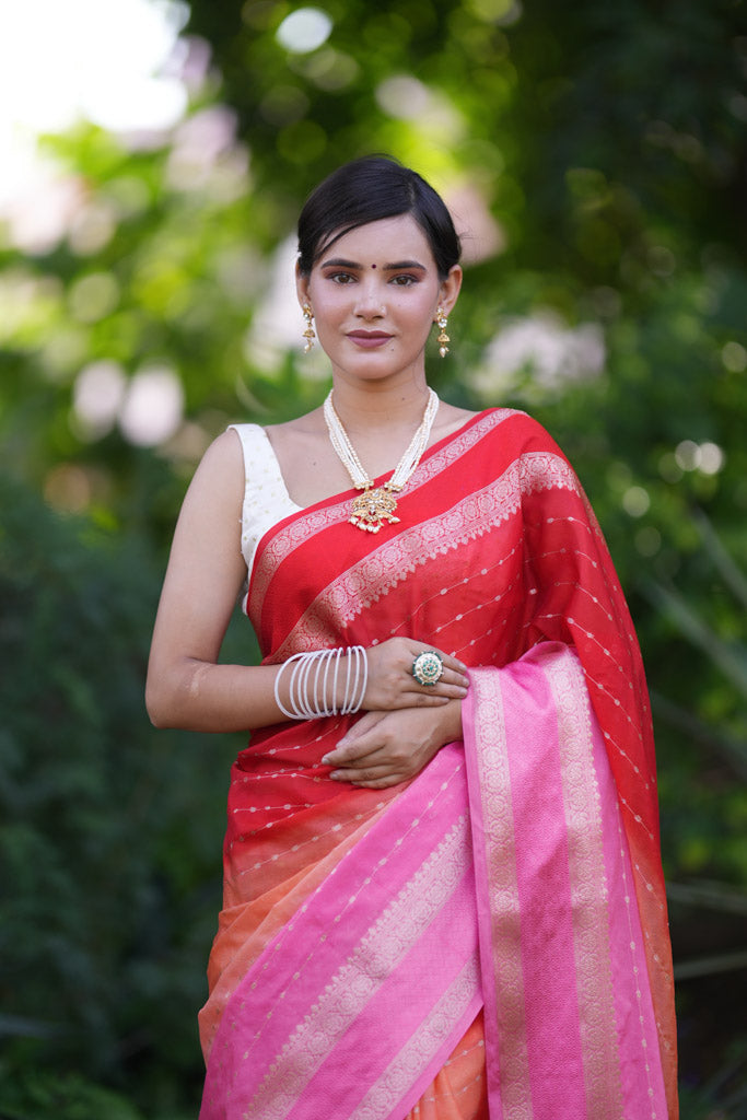 Banarasi Multi Shaded Cotton Silk Saree with Buti Weaving-Pink & Red