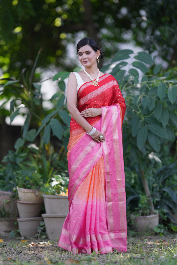 Banarasi Multi Shaded Cotton Silk Saree with Buti Weaving-Pink & Red