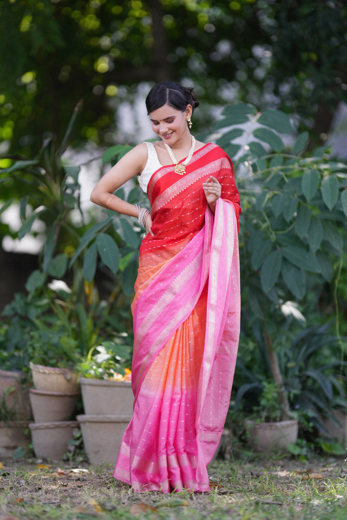 Banarasi Multi Shaded Cotton Silk Saree with Buti Weaving-Pink & Red