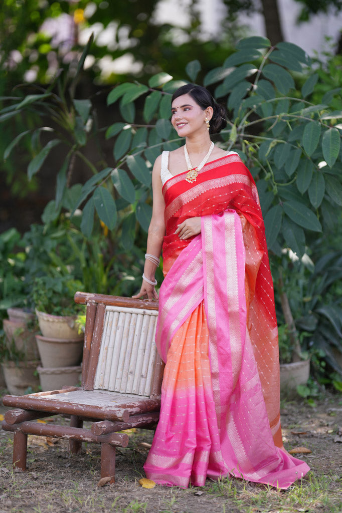 Banarasi Multi Shaded Cotton Silk Saree with Buti Weaving-Pink & Red