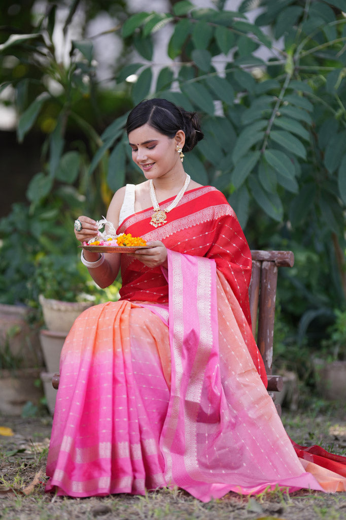 Banarasi Multi Shaded Cotton Silk Saree with Buti Weaving-Pink & Red