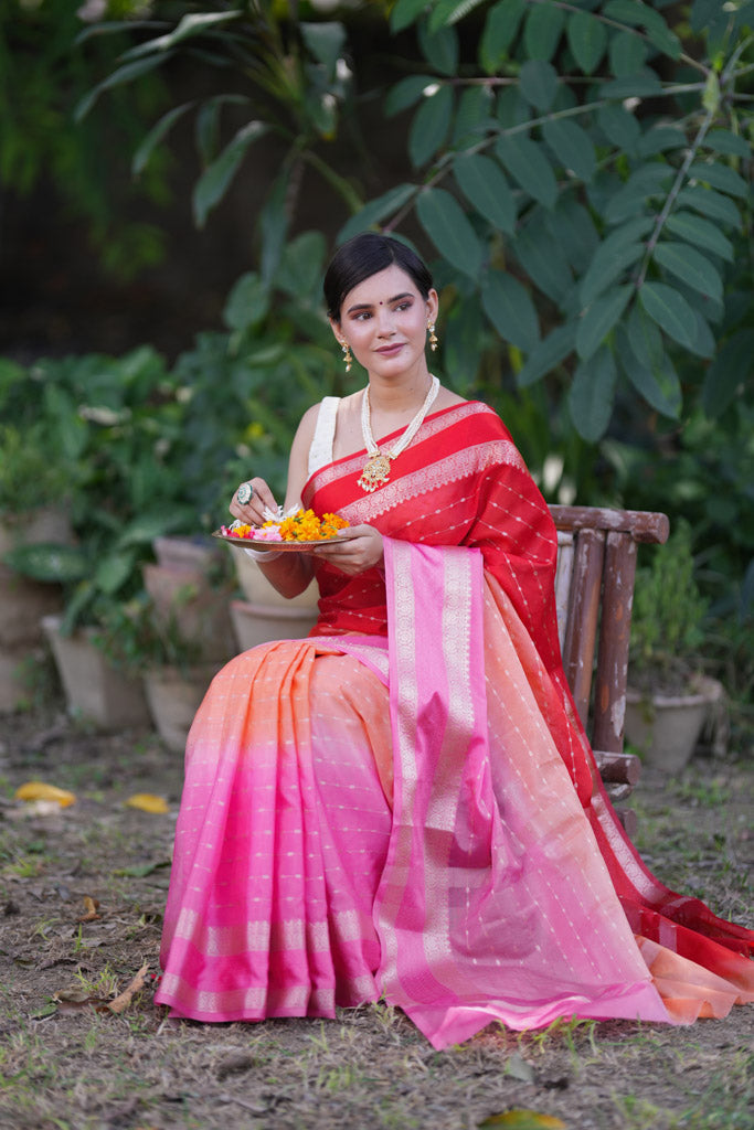 Banarasi Multi Shaded Cotton Silk Saree with Buti Weaving-Pink & Red