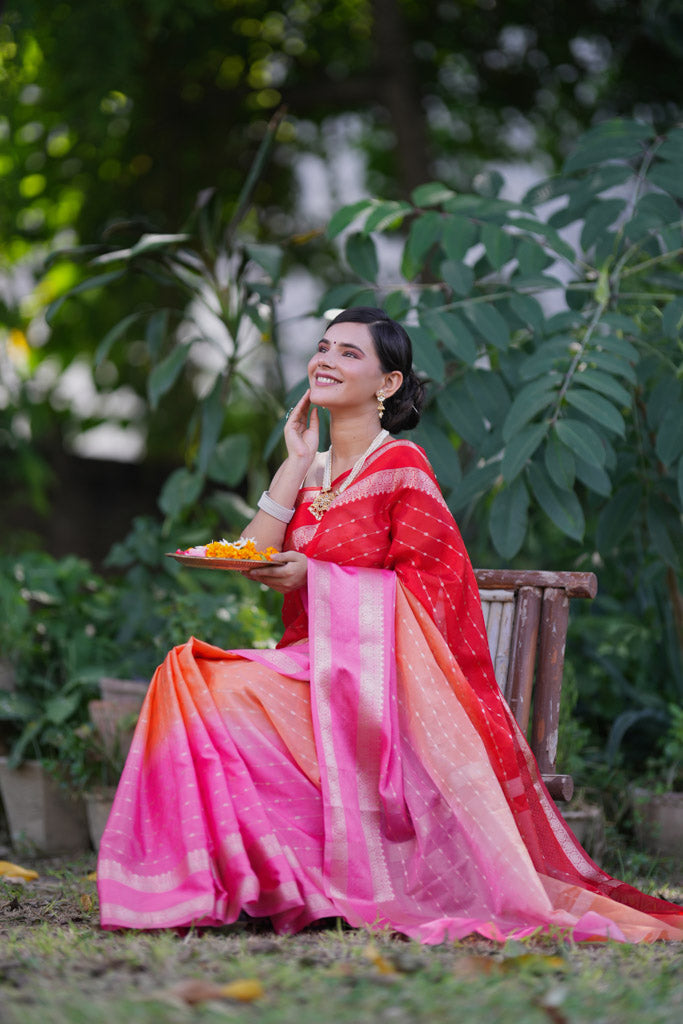 Banarasi Multi Shaded Cotton Silk Saree with Buti Weaving-Pink & Red