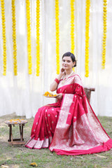 Banarasi Art Katan Silk Saree With Zari Buti Weaving & Tanchoi Weaving-Red