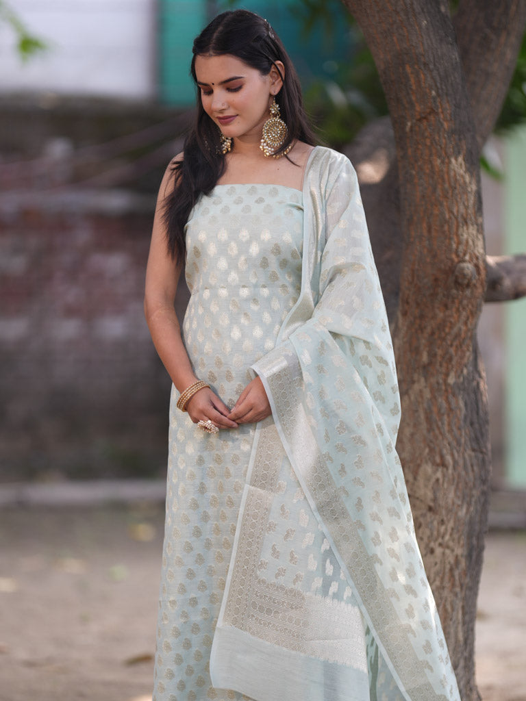 Banarasi Cotton Silk Salwar Kameez Fabric With Silver Zari Weaving With Dupatta-Blue