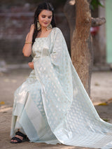 Banarasi Cotton Silk Salwar Kameez Fabric With Silver Zari Weaving With Dupatta-Blue