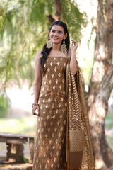 Banarasi Cotton Silk Salwar Kameez Material With Silver Zari Weaving & Dupatta-Mustard