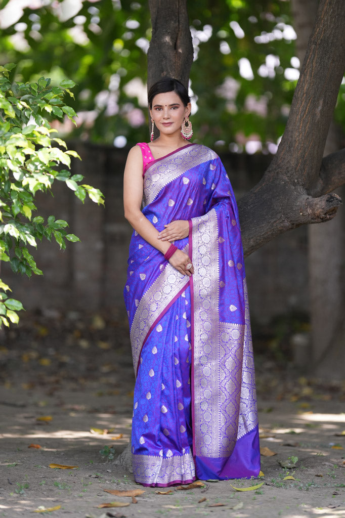 Banarasi Art Katan Silk Saree With Zari Buta Weaving & Tanchoi Weaving-Purple