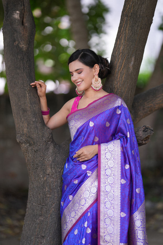 Banarasi Art Katan Silk Saree With Zari Buta Weaving & Tanchoi Weaving-Purple