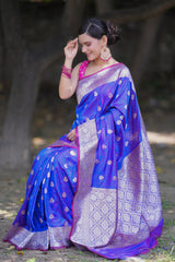Banarasi Art Katan Silk Saree With Zari Buta Weaving & Tanchoi Weaving-Purple