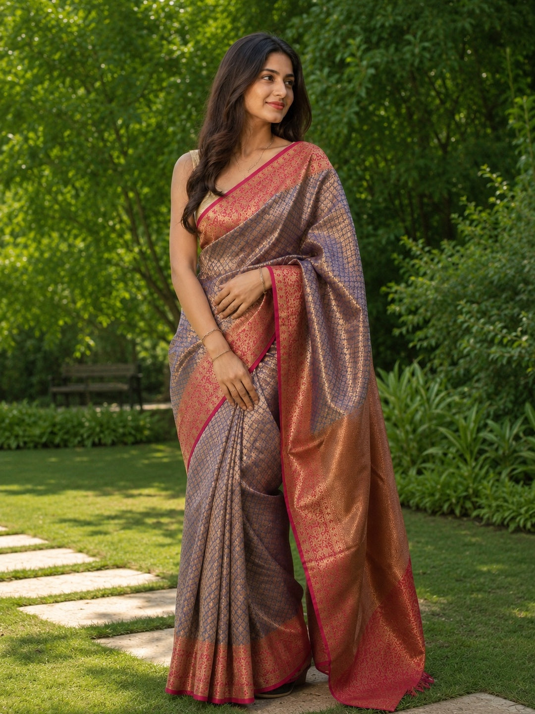 Banarasi Kora Muslin Saree With Tanchoi Weaving & Contrast  Border