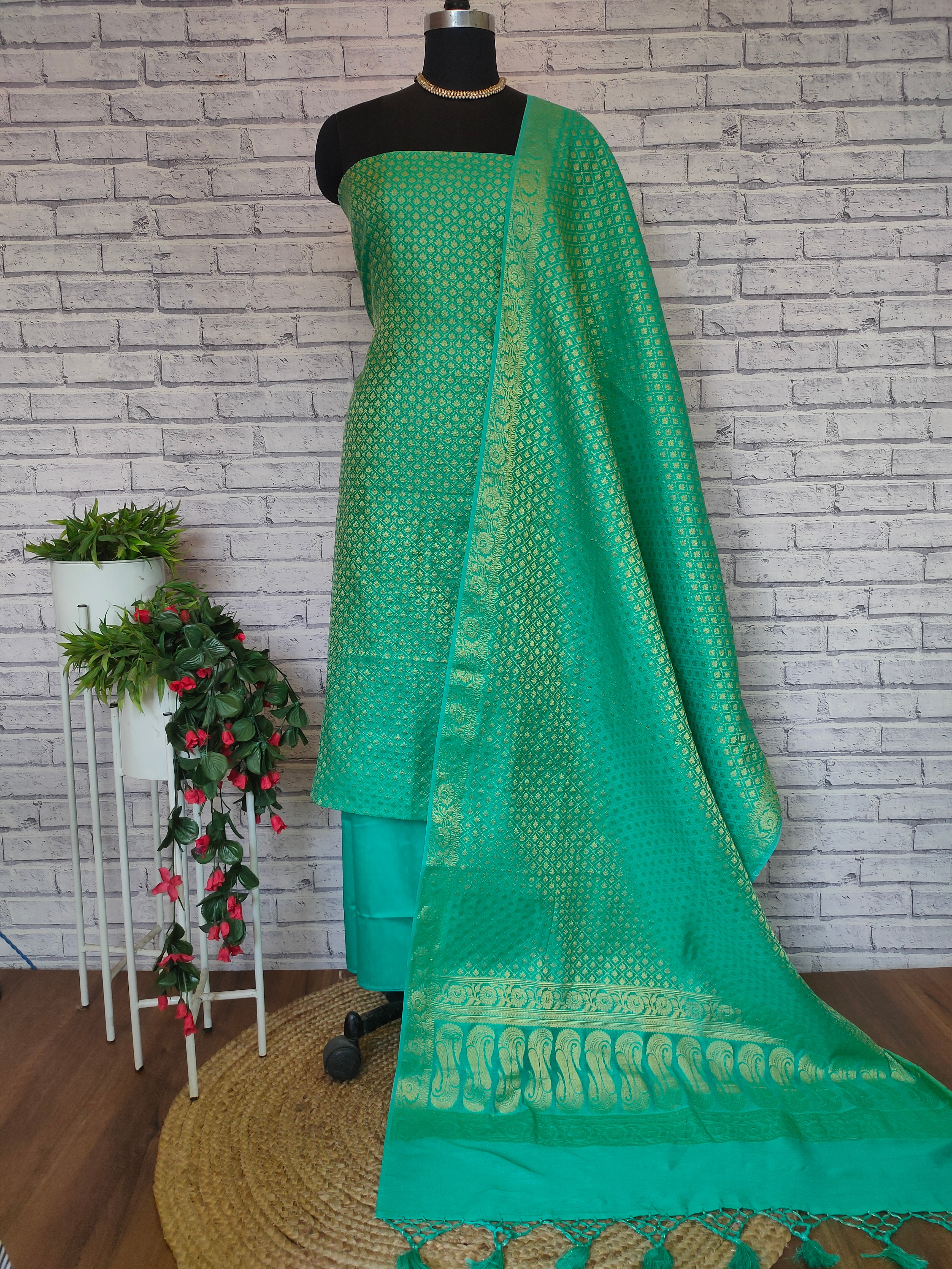 Banarasi Cotton  Silk Zari Weaving Salwar Kameez Material- Sea Green