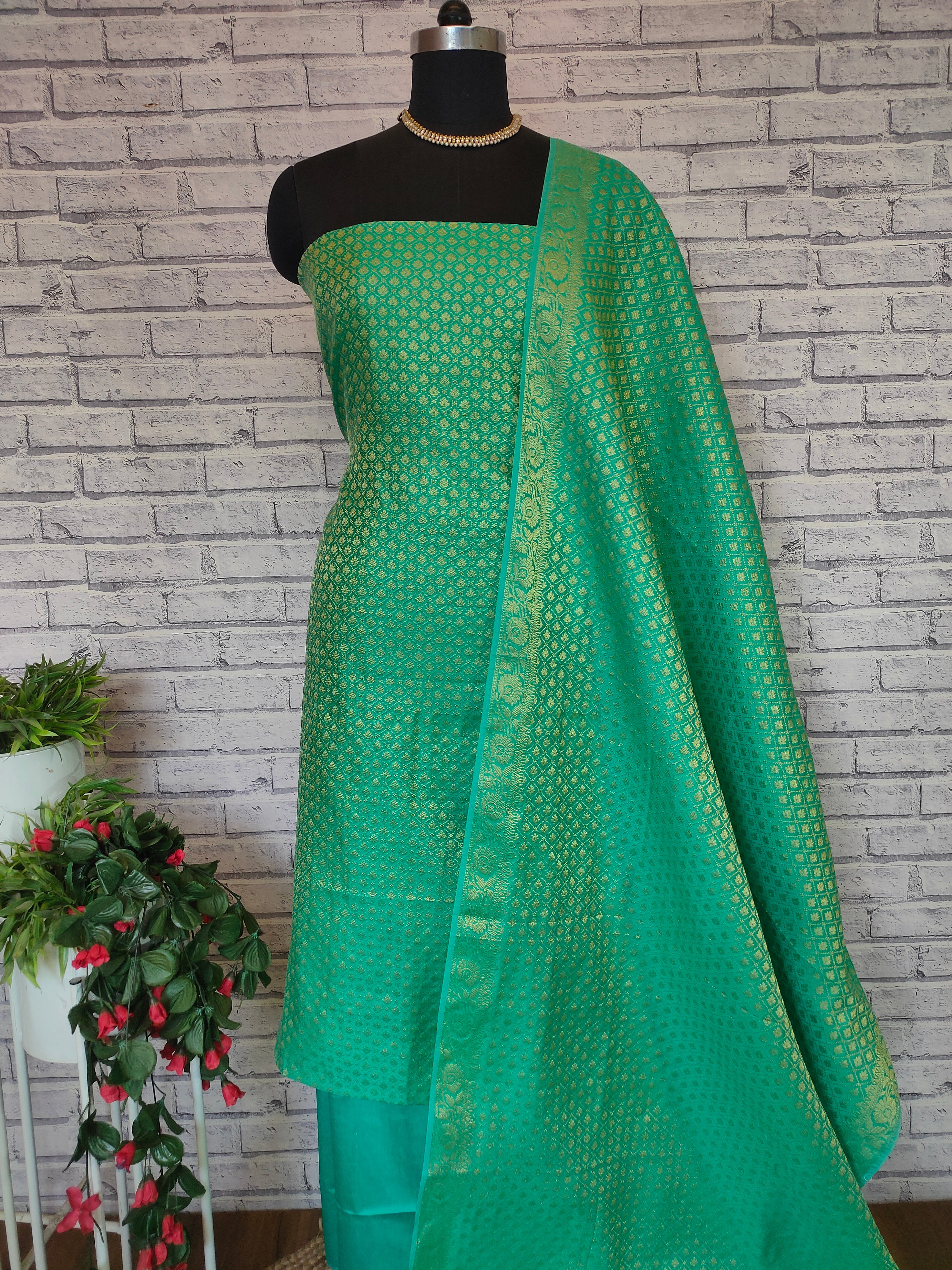 Banarasi Cotton  Silk Zari Weaving Salwar Kameez Material- Sea Green