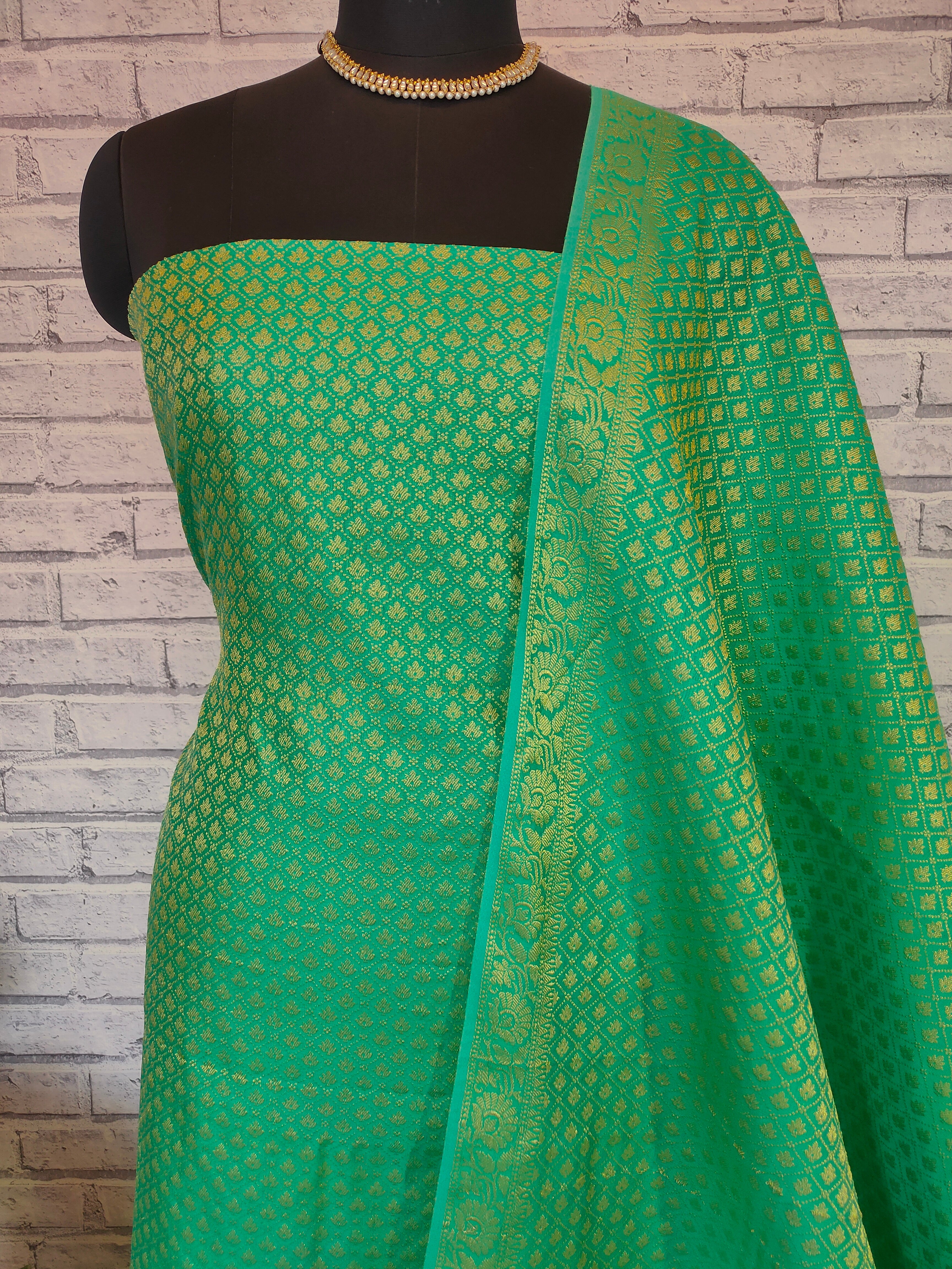 Banarasi Cotton  Silk Zari Weaving Salwar Kameez Material- Sea Green