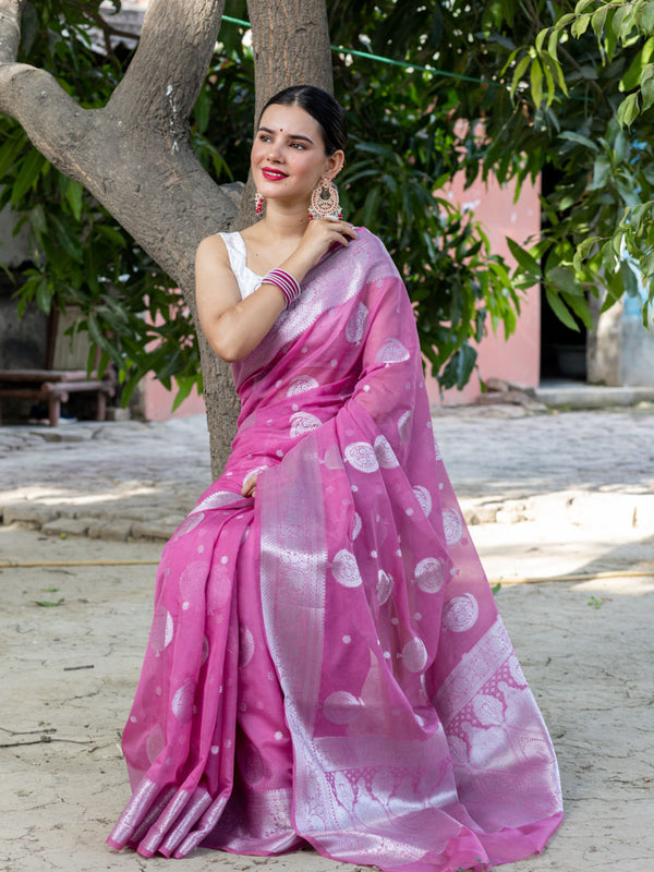 Banarasi Cotton Silk Saree with Round Buta Silver Zari Weaving-Pink
