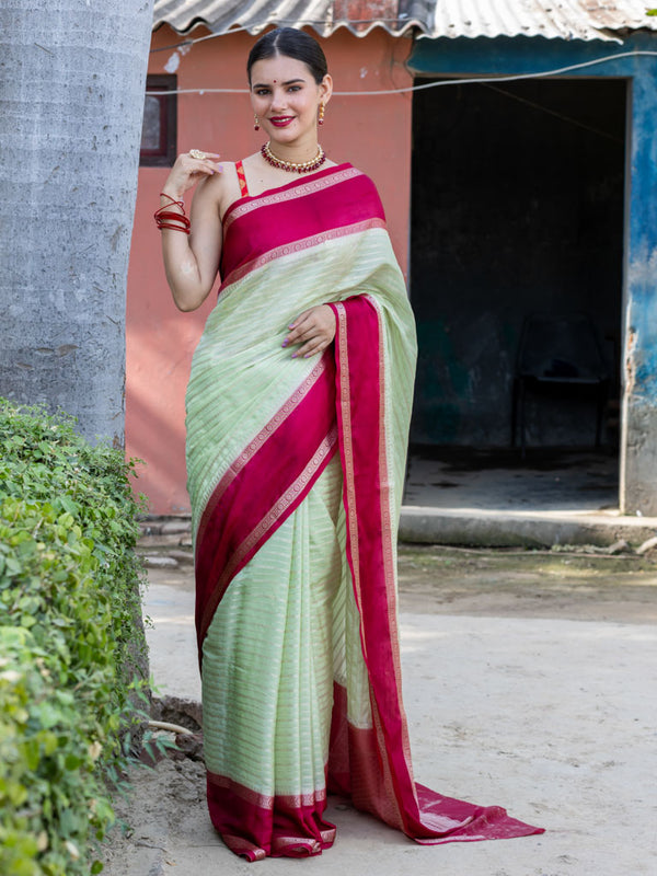 Banarasi Cotton Silk Saree with Satin Contrast Border-Green