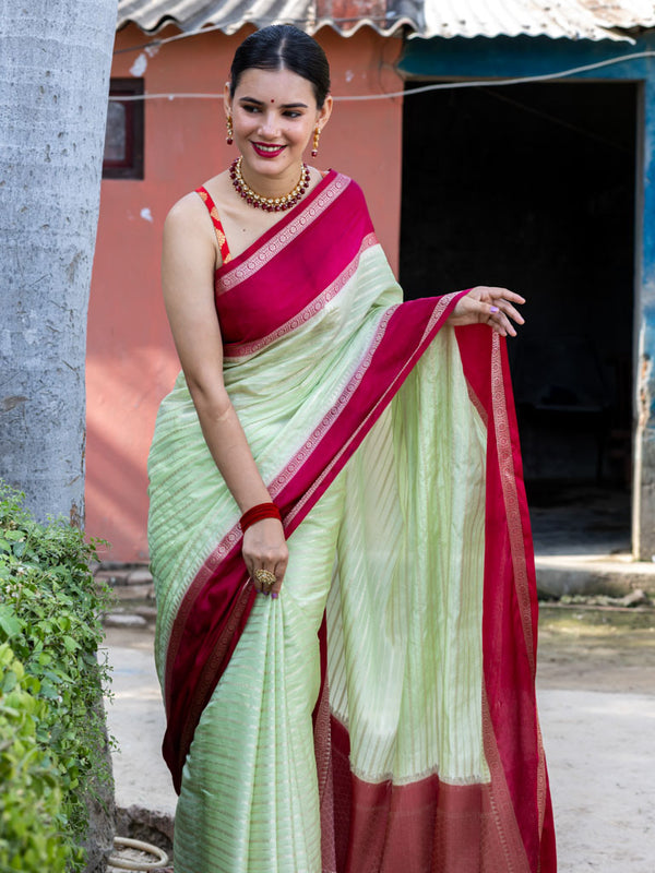 Banarasi Cotton Silk Saree with Satin Contrast Border-Green