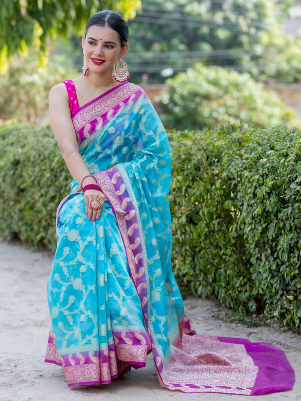 Banarasi Kora Saree With Heavy Jaal Weaving & Contrast Border-Blue & Pink