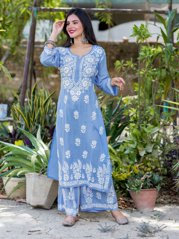 Readymade Floral Chikankari Modal Kurti & Pallazo Set-Blue