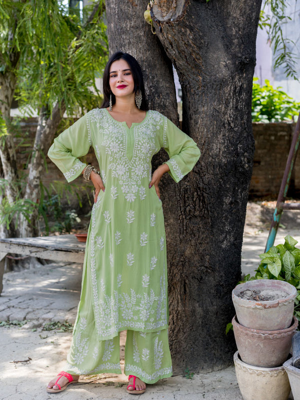 Readymade Floral Chikankari Modal Kurti & Pallazo Set-Green