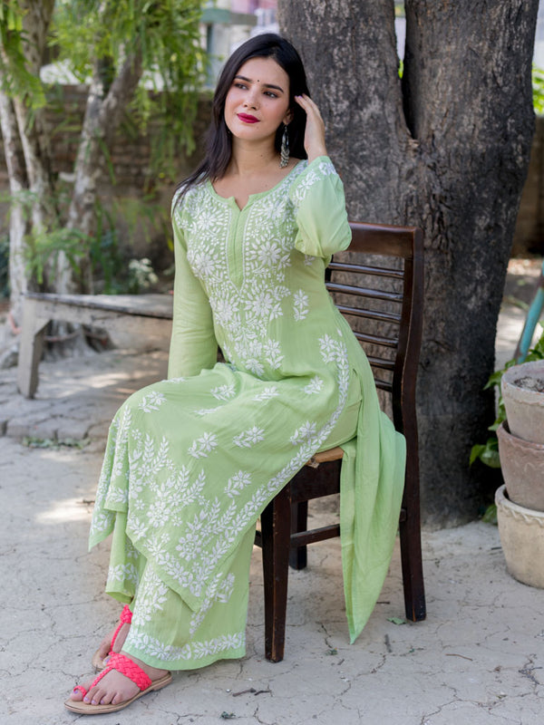 Readymade Floral Chikankari Modal Kurti & Pallazo Set-Green