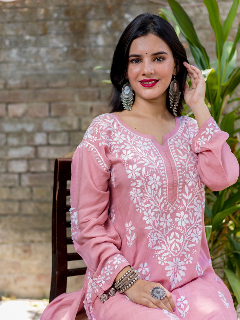 Readymade Floral Chikankari Modal Kurti-Pink