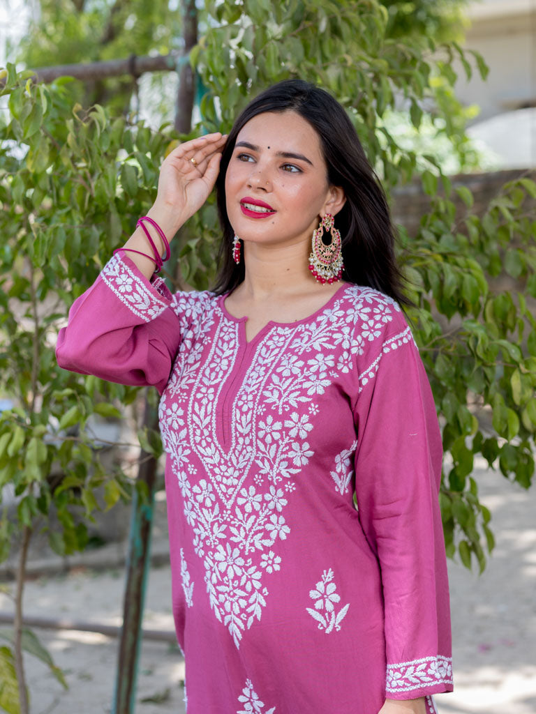 Readymade Floral Chikankari Rayon Kurti-Pink