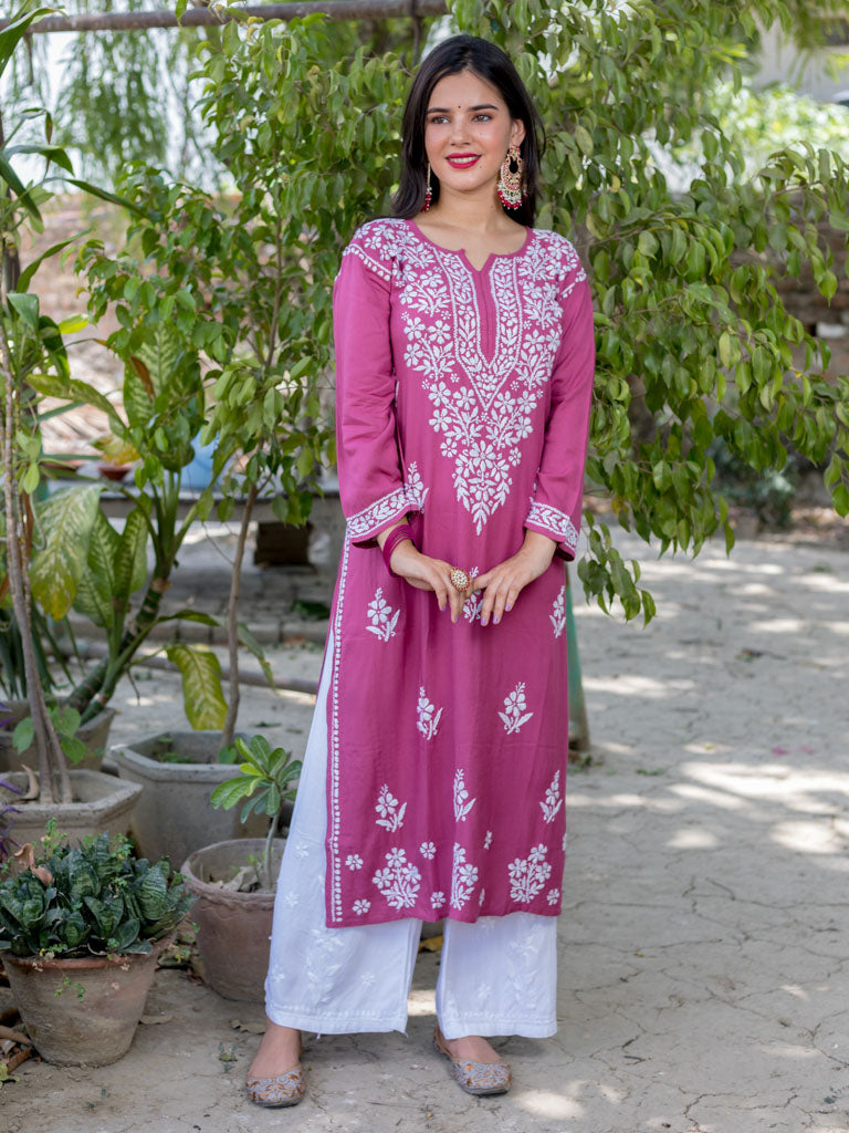 Readymade Floral Chikankari Rayon Kurti-Pink