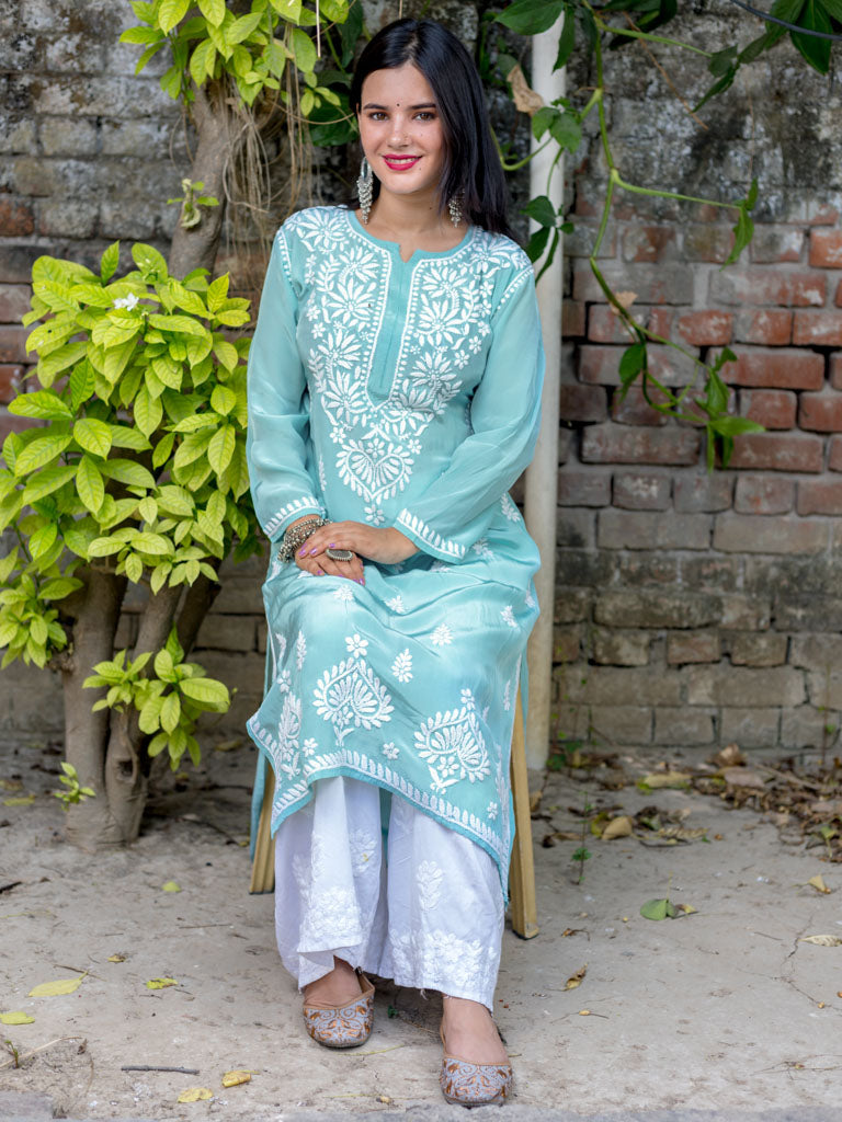 Readymade Floral Chikankari Crepe Silk Kurti-Light Blue