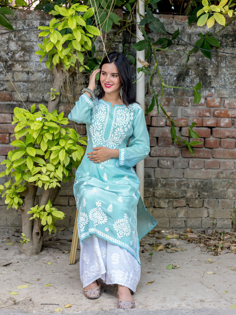 Readymade Floral Chikankari Crepe Silk Kurti-Light Blue