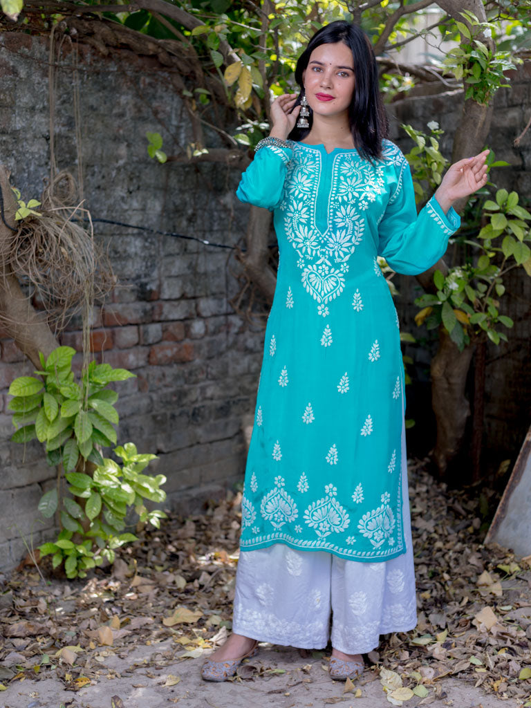 Readymade Floral Chikankari Crepe Silk Kurti-Aqua Blue