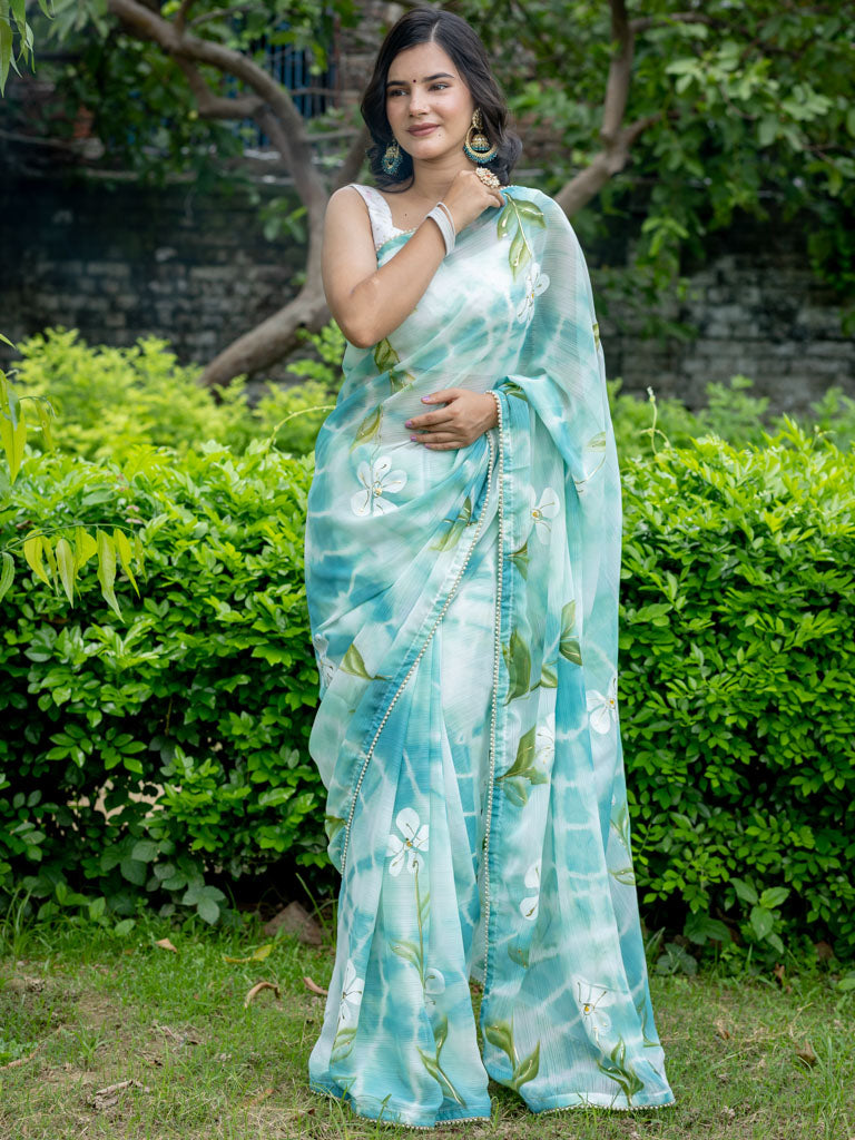 Floral Printed Shibori Chiffon Saree With Pearl Embroidered Border-Blue