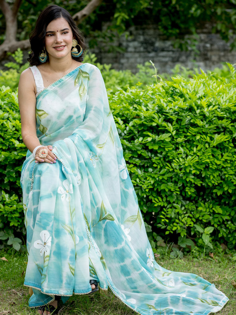 Floral Printed Shibori Chiffon Saree With Pearl Embroidered Border-Blue