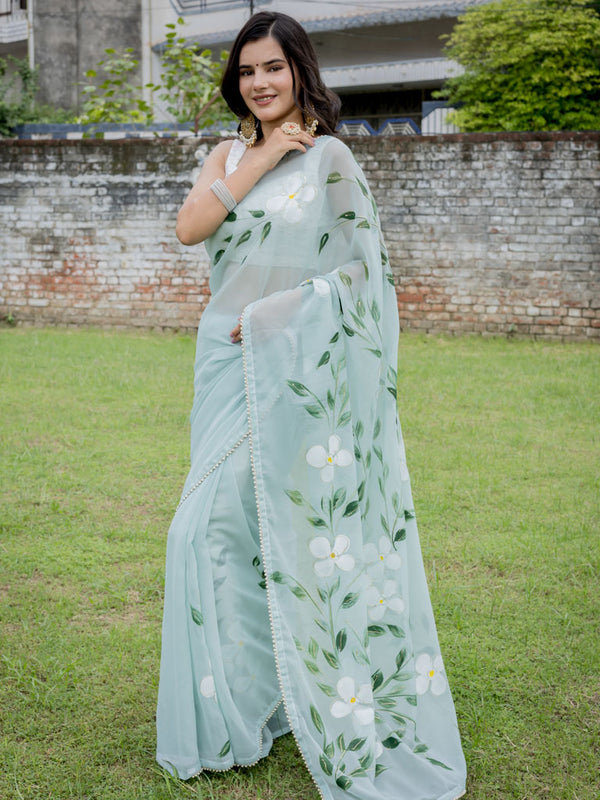 Floral Printed Chiffon Saree With Pearl Embroidered Border-Pale Blue