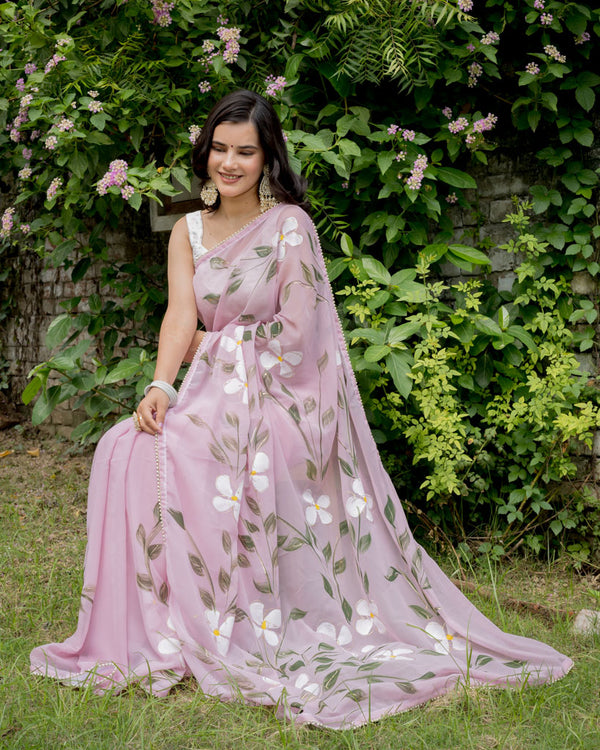 Floral Printed Chiffon Saree With Pearl Embroidered Border-Pink