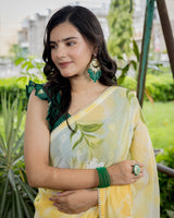 Floral Printed Shibori Chiffon Saree With Pearl Embroidered Border-Yellow