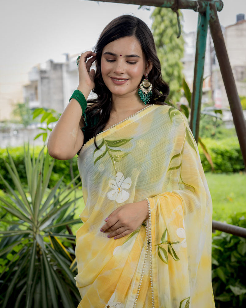 Floral Printed Shibori Chiffon Saree With Pearl Embroidered Border-Yellow