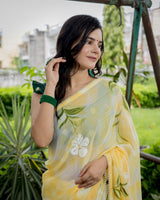 Floral Printed Shibori Chiffon Saree With Pearl Embroidered Border-Yellow
