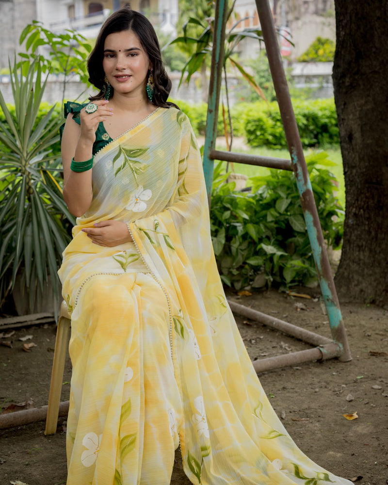 Floral Printed Shibori Chiffon Saree With Pearl Embroidered Border-Yellow