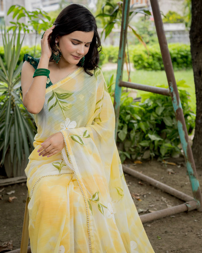 Floral Printed Shibori Chiffon Saree With Pearl Embroidered Border-Yellow