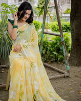 Floral Printed Shibori Chiffon Saree With Pearl Embroidered Border-Yellow