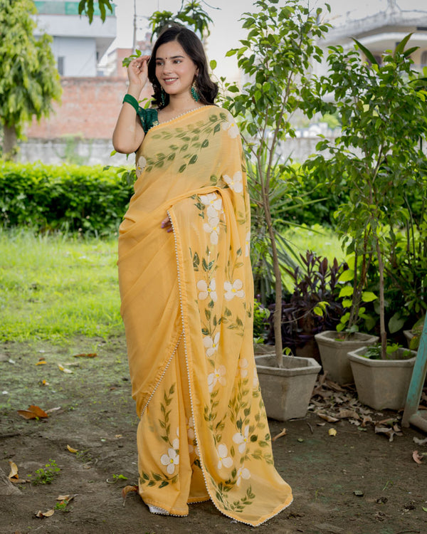 Floral Printed Chiffon Saree With Pearl Embroidered Border-Yellow