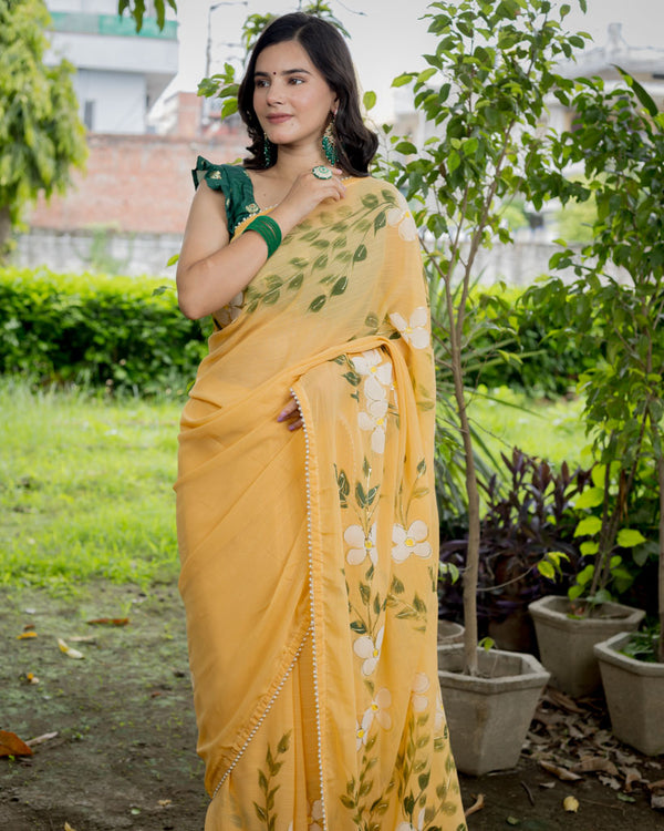 Floral Printed Chiffon Saree With Pearl Embroidered Border-Yellow
