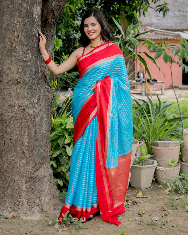 Banarasi Cotton Silk Saree with Satin Contrast Border-Blue