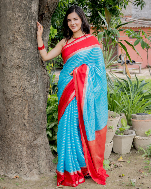 Banarasi Cotton Silk Saree with Satin Contrast Border-Blue