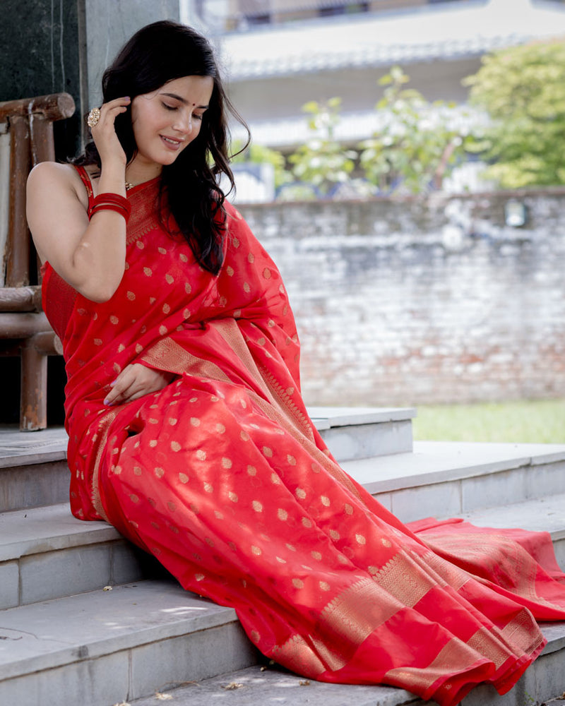 Banarasi Semi Silk Saree with Small Buti Zari Weaving-Red