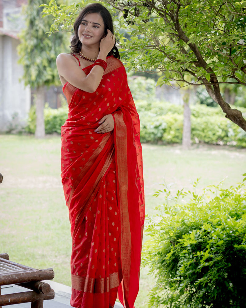 Banarasi Semi Silk Saree with Small Buti Zari Weaving-Red