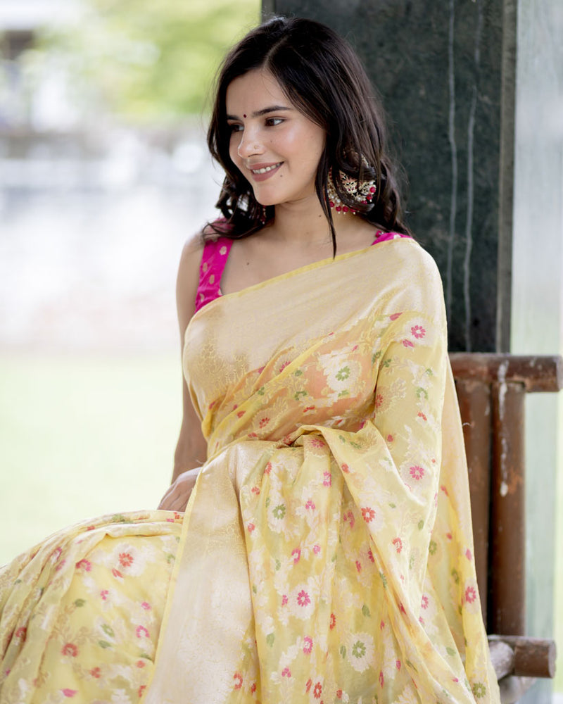 Banarasi Semi Silk Saree With Jaal Zari & Meena Weaving-Yellow