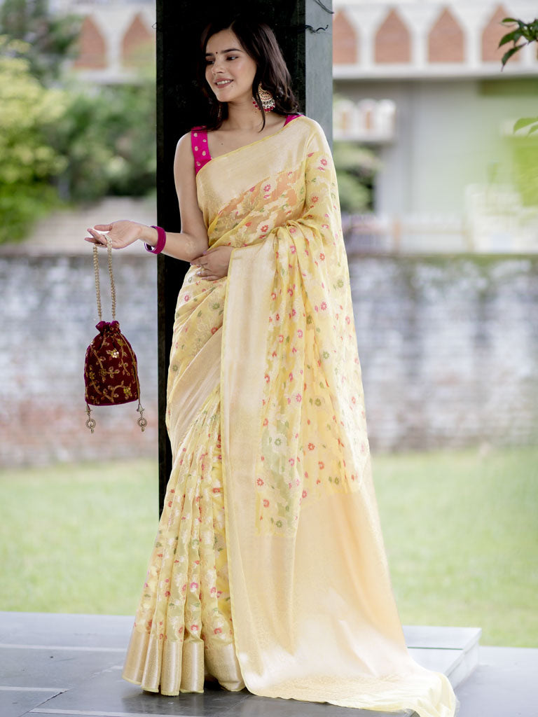 Banarasi Semi Silk Saree With Jaal Zari & Meena Weaving-Yellow