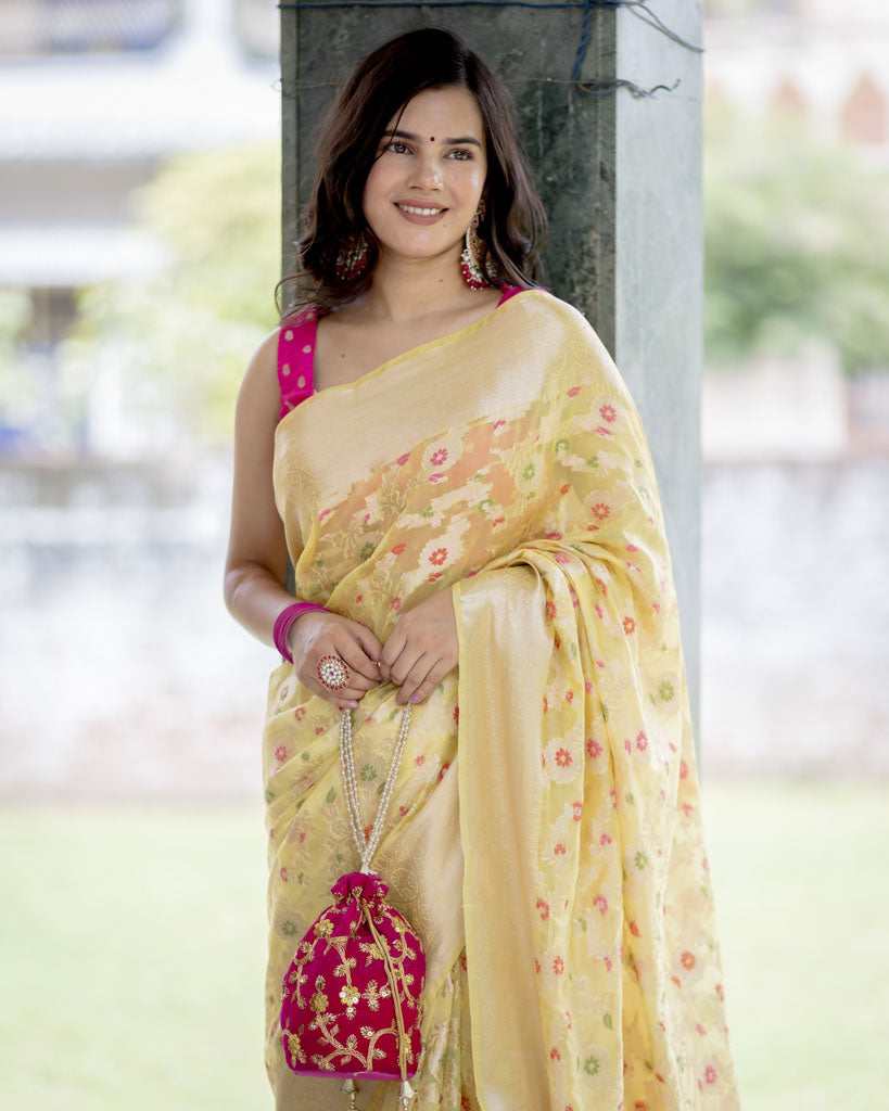 Banarasi Semi Silk Saree With Jaal Zari & Meena Weaving-Yellow